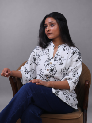 Ivory White Bloom Mandarin Collar Shirt